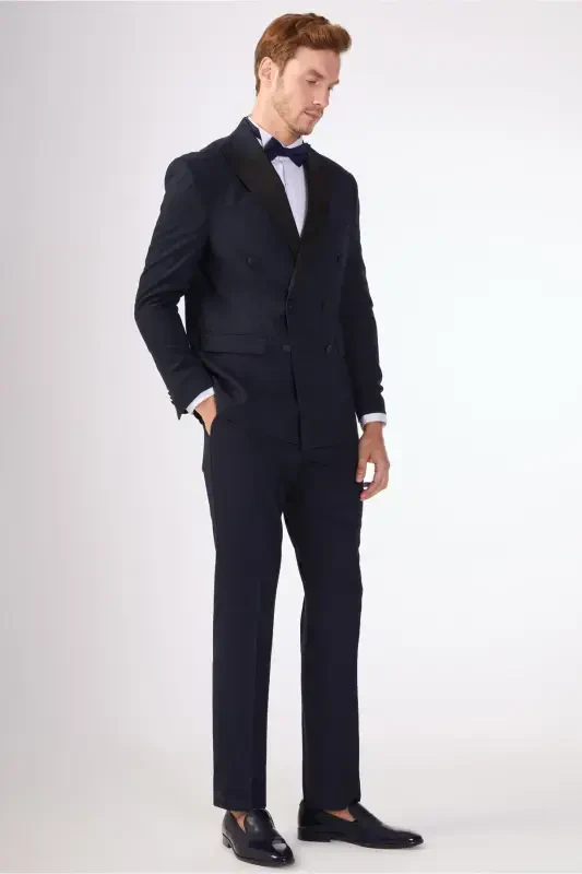 Ko‘k rangli erkaklar uchun Slim Fit tek qatorli o‘tkir yoqa smokin kostyumi - 92385 - 3