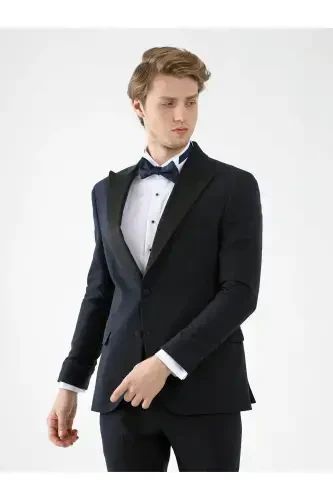 Ko'k rangli erkaklar uchun slim fit tek qavatli o'tkir yoqali smokin kostyumi - 92401 - 1