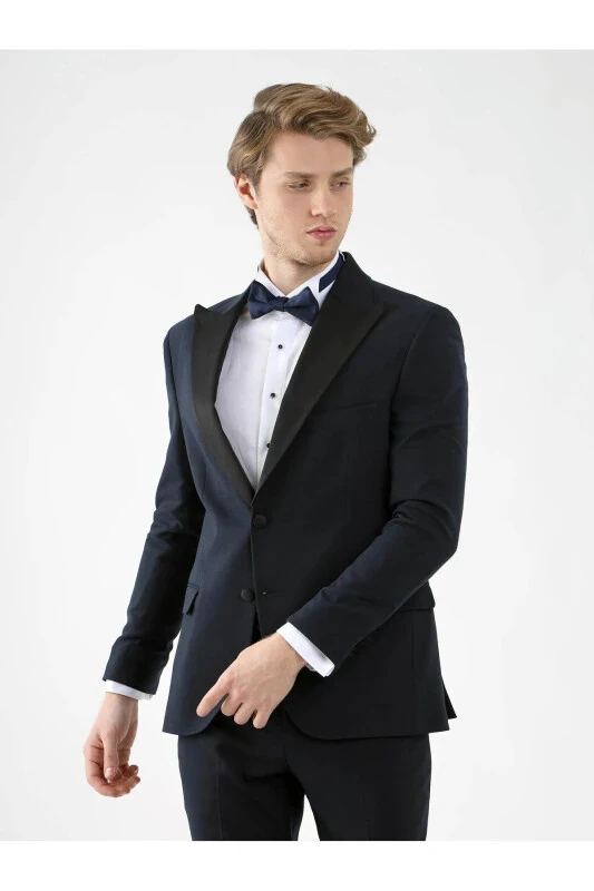 Ko'k rangli erkaklar uchun slim fit tek qavatli o'tkir yoqali smokin kostyumi - 92401 - 1