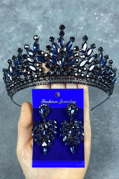 Ko‘k rangli Rio toshli kelin hına toji va marqiz toshli sirg‘a - Modazone