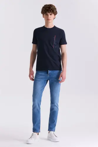 Koʻk Rangli Slim Fit Kreska Yaxali Futbolka - JAKAMEN (1)