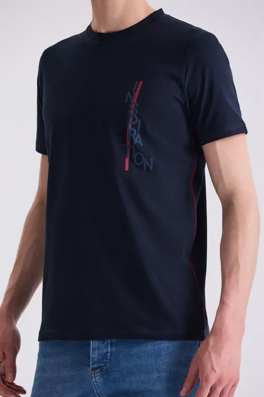 Koʻk Rangli Slim Fit Kreska Yaxali Futbolka - 3