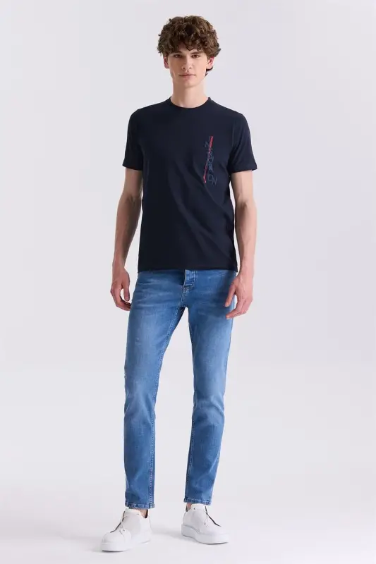 Koʻk Rangli Slim Fit Kreska Yaxali Futbolka - 2