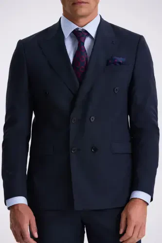 Ko'k rangli Slim Fit qaldirg'och yoqali ikkita yirtigli junli krossover kostyum - 4