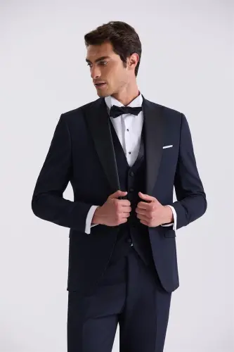 Ko'k rangli slim-fit qirrali yoqali smoking kostyum 