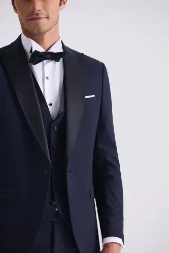 Ko'k rangli slim-fit qirrali yoqali smoking kostyum - 3