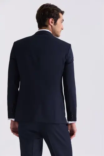 Ko'k rangli slim-fit qirrali yoqali smoking kostyum - 4