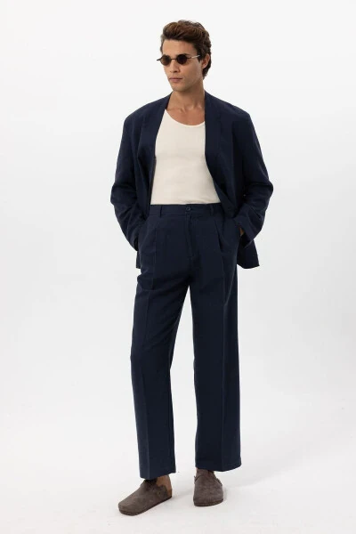 Ko'k rangli zig'ir aralashmasidan tikilgan ikki qatorli tugmali erkaklar blazer ko'ylagi - 10