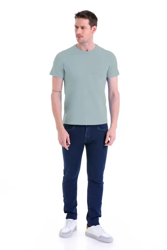 Ko'k Regular Fit Tekis 100% Paxta Velosiped Yoqali Футболка-Ko'k - 2