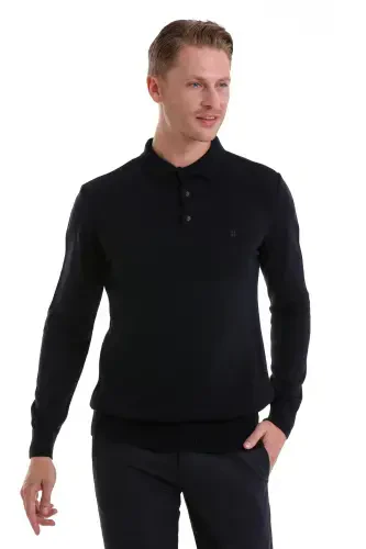 Koʻk Regular Fit Tekis Polo Yoqali Trikotaj Sviter-Koʻk - 4