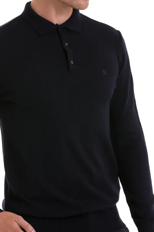 Koʻk Regular Fit Tekis Polo Yoqali Trikotaj Sviter-Koʻk - 5