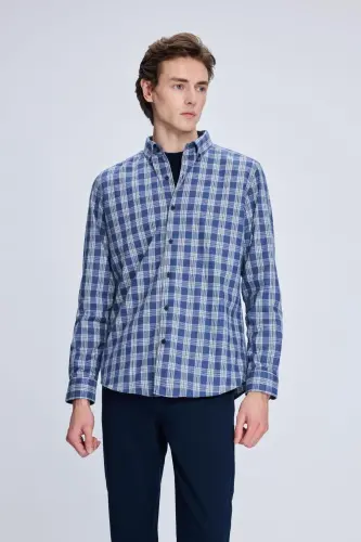 Koʻk Slim Fit Katakli Tugmali Yoqali Uzun Yengli Paxta 