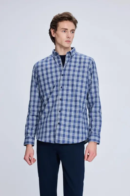 Koʻk Slim Fit Katakli Tugmali Yoqali Uzun Yengli Paxta - 1