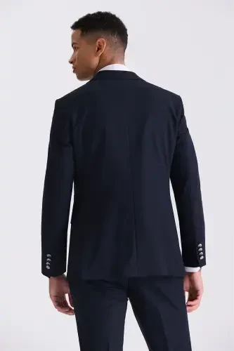 Ko'k Slim Fit O'tkir Yoqali Jiletli Kostyum - 4