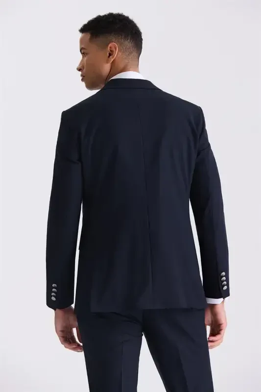 Ko'k Slim Fit O'tkir Yoqali Jiletli Kostyum - 4