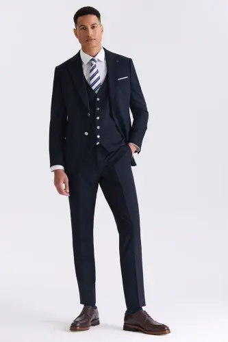 Ko'k Slim Fit O'tkir Yoqali Jiletli Kostyum - 1