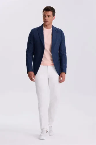 Koʻk Slim Fit Qaldirgʻoch Yoqali Chiziqli Zigʻir Paxta Mavsumiy Kurtka - Modazone