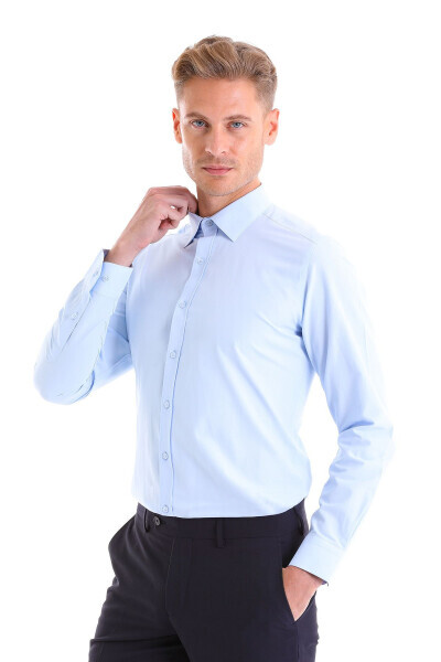 Ko'k Slim Fit tekis paxtali Slim yoqali uzun yengli Kla - HATEMOĞLU (1)