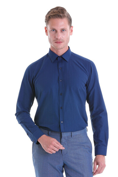 Koʻk torpa Slim Fit tekis paxta Slim yoqali uzun qisma - HATEMOĞLU