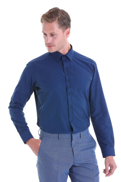 Koʻk torpa Slim Fit tekis paxta Slim yoqali uzun qisma - HATEMOĞLU (1)