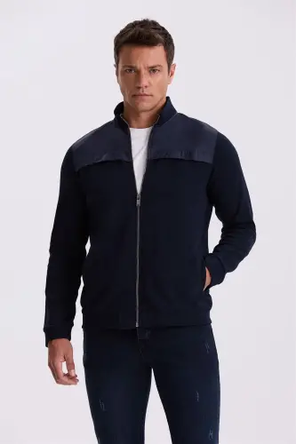Toʻq koʻk Slim Fit молнияли пахта Lycra трикотаж кофта - 1