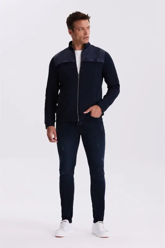 Toʻq koʻk Slim Fit молнияли пахта Lycra трикотаж кофта - 2