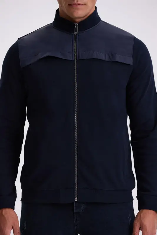 Toʻq koʻk Slim Fit молнияли пахта Lycra трикотаж кофта - 3