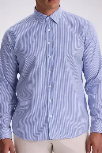 Koʻk tusli, qulay bichimli, dazmollash talab qilmaydigan, 100% paxtadan ishlangan yoʻl-yoʻl non iron koʻylak - 3