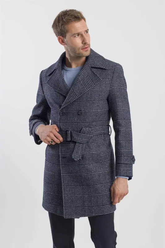 Koʻk tusli slim fit dengizchi yoqali katakli jun palto - 2