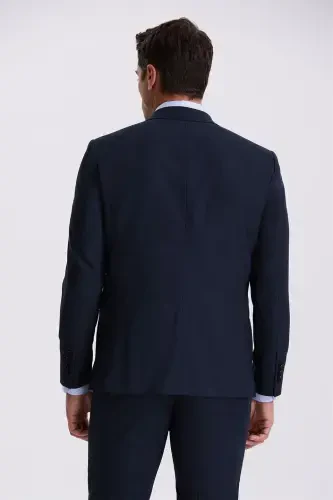 Ko'k tusli Slim Fit qaldirg'och yoqali ikkita yirtigli junli ikki qatorli kostyum - 3