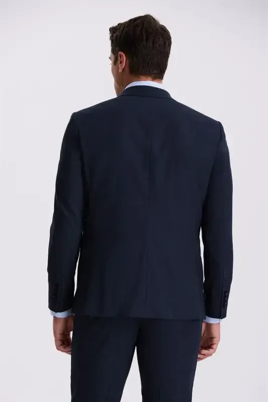 Ko'k tusli Slim Fit qaldirg'och yoqali ikkita yirtigli junli ikki qatorli kostyum - 3