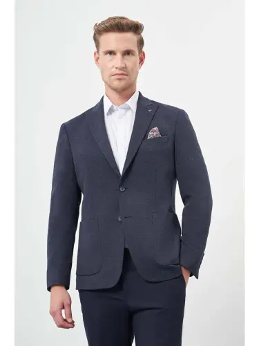 Ko'k tusli to'qilgan qilich yoqali 6 Drop Slim Fit kurtka 1002245156-Ko'k - 1