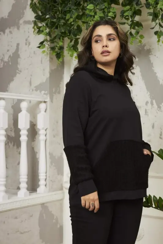 Kol Detaylı Büyük Beden Siyah Sweatshirt - 2