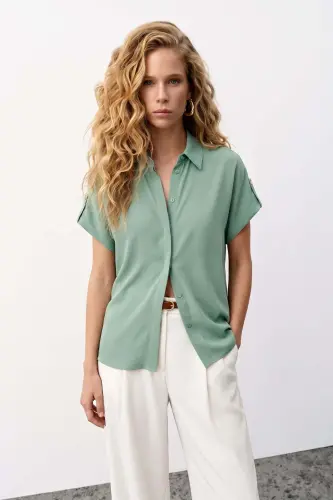 Kol Detaylı Salaş Gömlek - Mint - Mint - SATEEN (1)