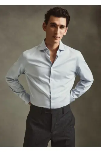 Kol Düğmeli Slim Fit Gömlek - Gök Mavisi - 6