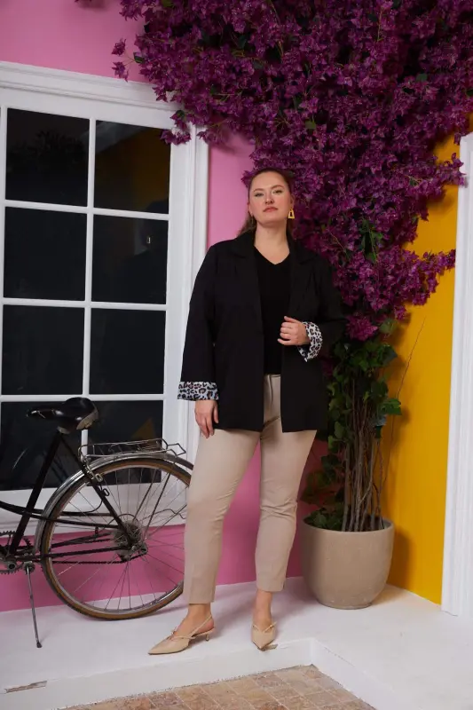 Kol Leopar Desenli Astarlı Büyük Beden Ceket Siyah - 7