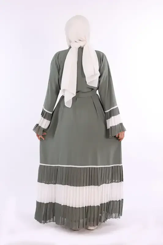 Kol va Etek Uchi Ikki Rangli Bel Kushakli Piliseli Abaya 7454 Mint-Mint - 3