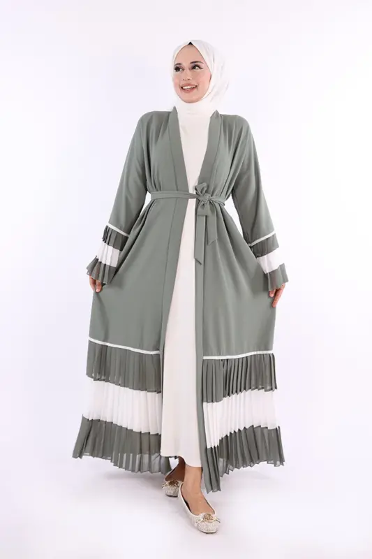 Kol va Etek Uchi Ikki Rangli Bel Kushakli Piliseli Abaya 7454 Mint-Mint - 3