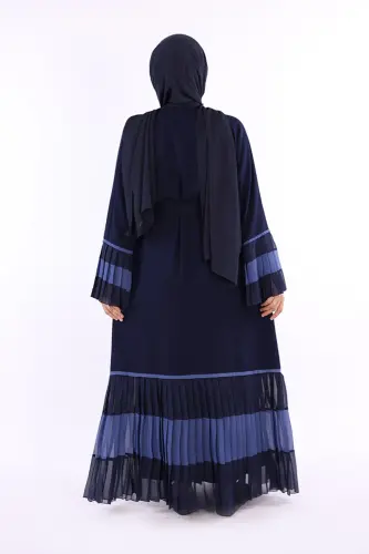 Kol ve Etek Ucu İki Renkli Bel Kuşaklı Piliseli Abaya 7454 Lacivert-Lacivert - 2