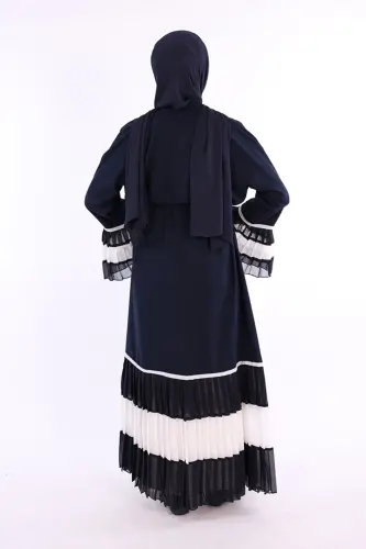 Kol ve Etek Ucu İki Renkli Bel Kuşaklı Piliseli Abaya 7454 Lacivert-ekru - Lacivert-ekru - BYM FASHION (1)