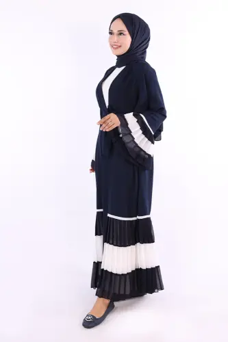 Kol ve Etek Ucu İki Renkli Bel Kuşaklı Piliseli Abaya 7454 Lacivert-ekru - Lacivert-ekru - 3