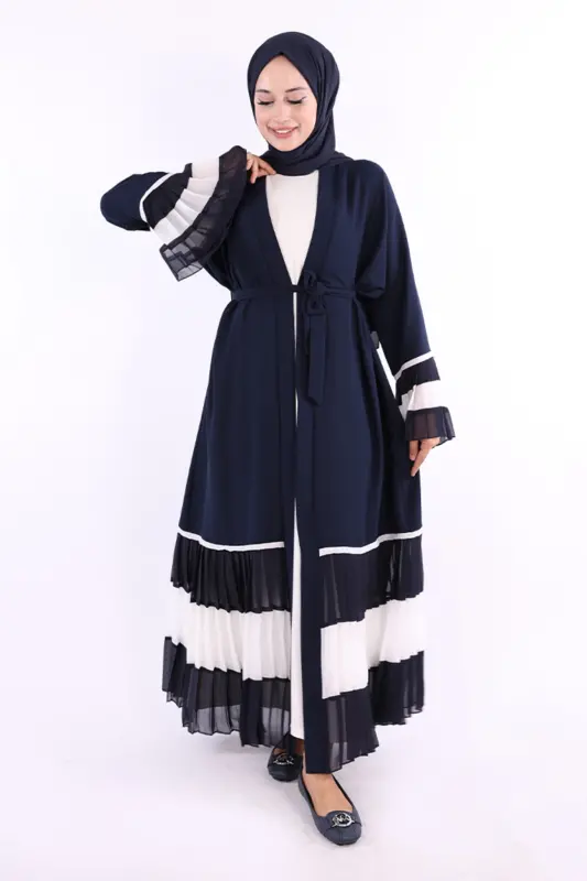 Kol ve Etek Ucu İki Renkli Bel Kuşaklı Piliseli Abaya 7454 Lacivert-ekru-Lacivert - 1