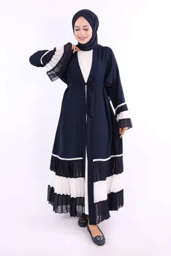 Kol ve Etek Ucu İki Renkli Bel Kuşaklı Piliseli Abaya 7454 Lacivert-ekru-Lacivert - 1