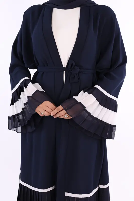 Kol ve Etek Ucu İki Renkli Bel Kuşaklı Piliseli Abaya 7454 Lacivert-ekru-Lacivert - 4
