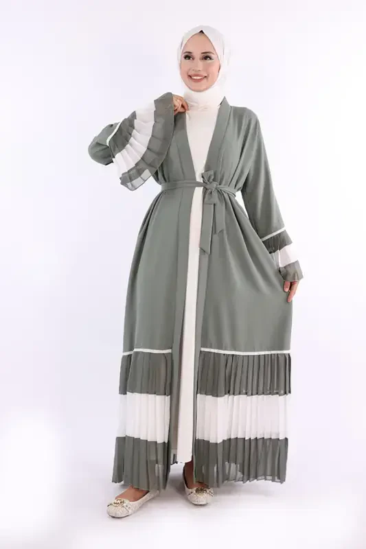 Kol ve Etek Ucu İki Renkli Bel Kuşaklı Piliseli Abaya 7454 Mint-Mint - 1