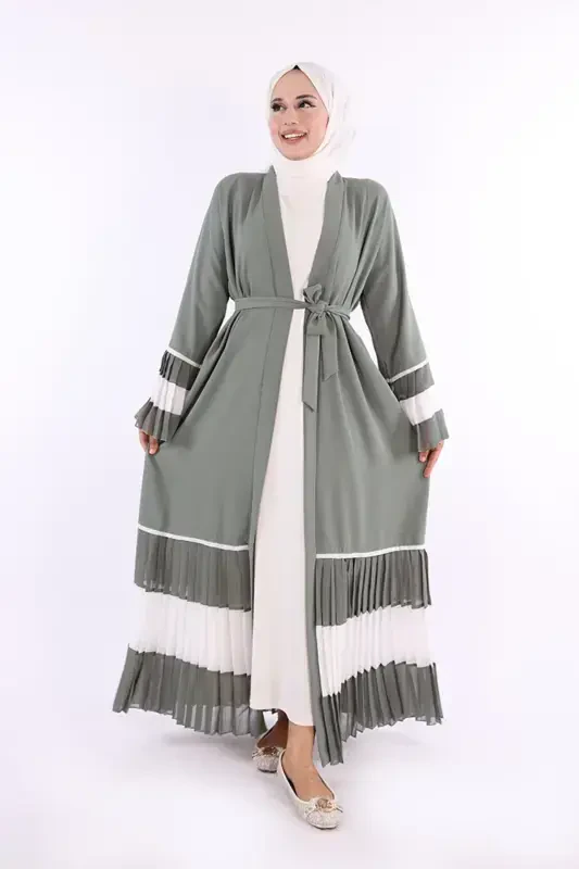 Kol ve Etek Ucu İki Renkli Bel Kuşaklı Piliseli Abaya 7454 Mint-Mint - 2