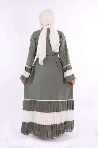 Kol ve Etek Ucu İki Renkli Bel Kuşaklı Piliseli Abaya 7454 Mint-Mint - 3