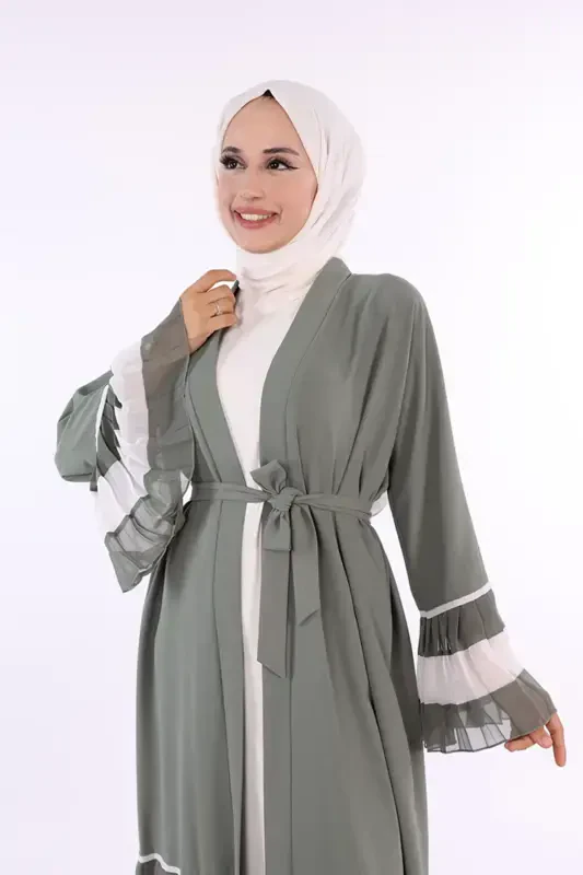 Kol ve Etek Ucu İki Renkli Bel Kuşaklı Piliseli Abaya 7454 Mint-Mint - 4
