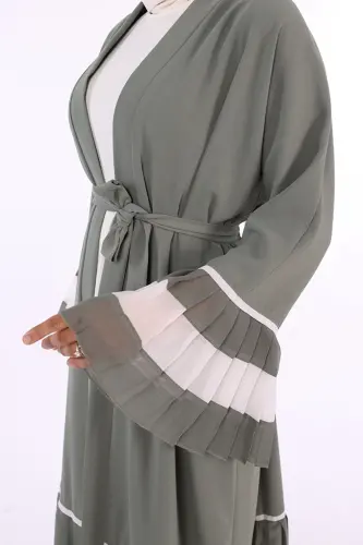 Kol ve Etek Ucu İki Renkli Bel Kuşaklı Piliseli Abaya 7454 Mint - Mint - 5
