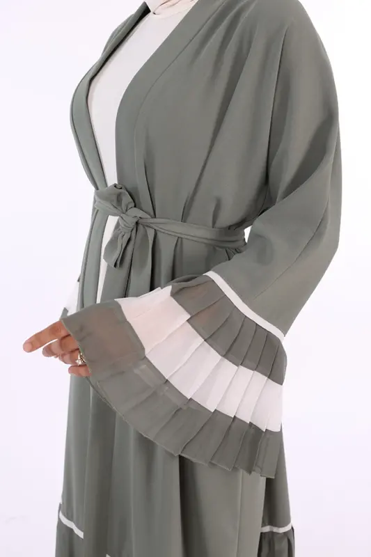 Kol ve Etek Ucu İki Renkli Bel Kuşaklı Piliseli Abaya 7454 Mint - Mint - 5